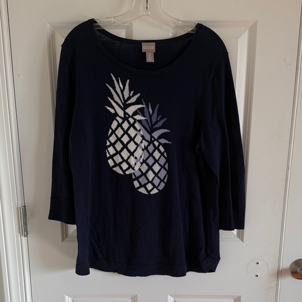 Chico's Navy Intarsia 3/4 Sleeve Pineapple Sweater Size 2